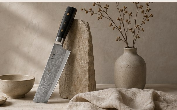 A Damascus steel Nakiri knife leaning on a stone, next to a stoneware bowl and a vase of dried branches