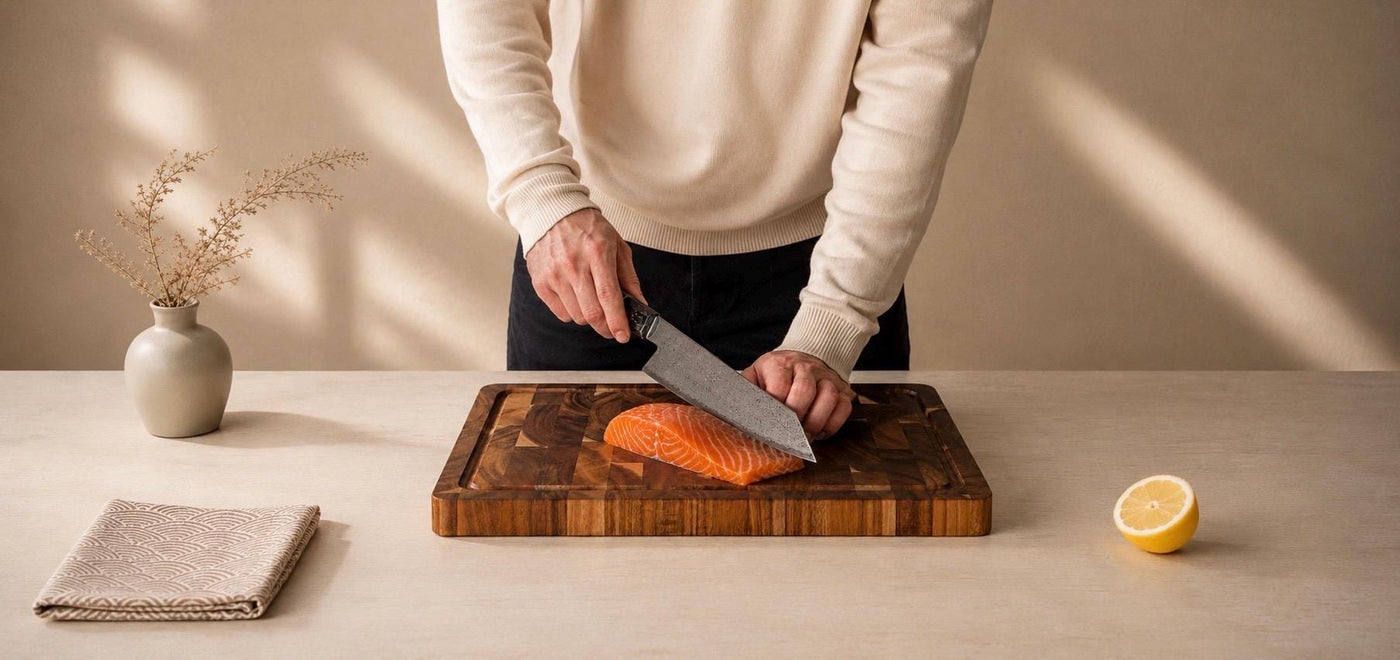 Salmon being sliced with a Damascus knife on an end-grain acacia board