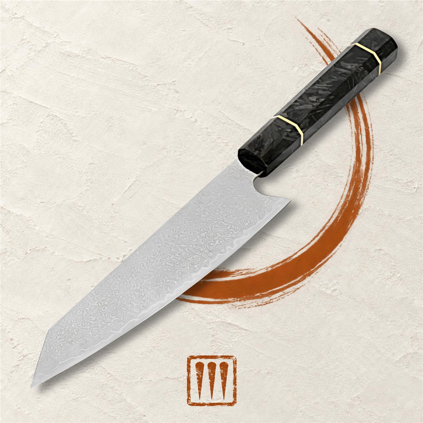 Kiritsuke chef's knife, 8-inch Damascus blade, on ivory plaster