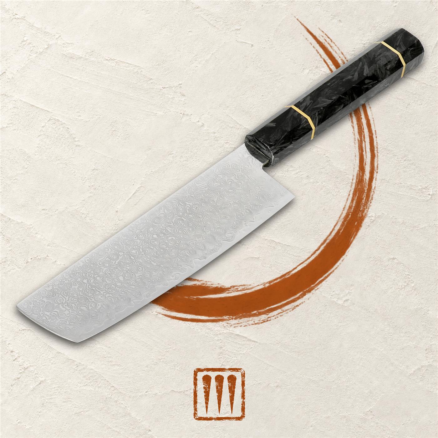 Nakiri vegetable knife, 7-inch Damascus blade, on ivory plaster